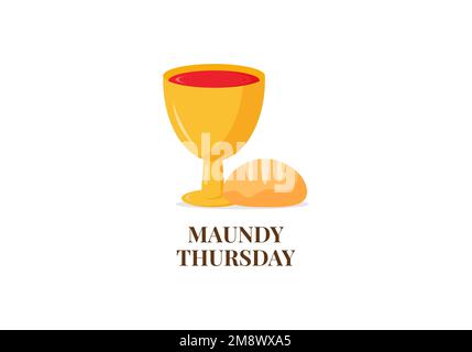 Christian greeting card or banner of the Holy Week before Easter. Wine and bread on white background. Vector illustration Stock Vector