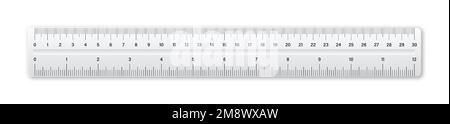 Realistic plastic ruler with measurement scale and divisions, measure marks. School ruler, centimeter and inch scale for length measuring. Office Stock Vector
