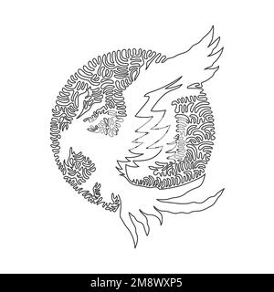 Continuous curve one line drawing of flying phoenix abstract art in a circle. Single line editable stroke vector illustration of huge mysterious bird Stock Vector