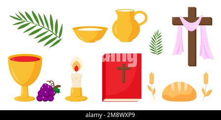 Christian greeting card or banner of the Holy Week before Easter. Wine, grapes, candle, fire, Bible, bread, cross of Jesus Christ, wheat,the bason and ewer with water, palm branches on white background. Vector illustration Stock Vector