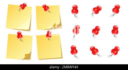 Realistic blank sticky notes isolated on white background. Yellow sheets of note paper with red push pins. Paper reminder and plastic pushpin with Stock Vector