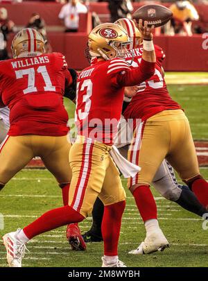 Santa Clara, California, USA. 14th Jan, 2023. San Francisco 49ers quarterback Brock Purdy (13) on Saturday, January 14, 2023, at Levis Stadium in Santa Clara, California. The 49ers defeated the Seahawks 41-23 in the Wildcard Playoffs. (Credit Image: © Al Golub/ZUMA Press Wire) EDITORIAL USAGE ONLY! Not for Commercial USAGE! Stock Photo