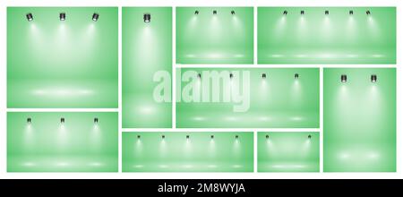 Empty green studio abstract backgrounds with spotlights. Product showcase backdrop with spotlight effect. Stage lighting. Vector illustration Stock Vector