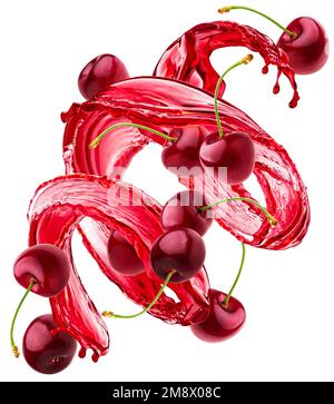 Falling cherries and juice splash isolated on white background Stock Photo