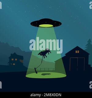 a ufo spaceship abducting cow from village Stock Vector