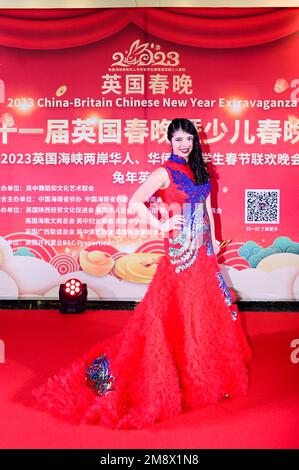 London, England, UK. January 15 2023. Presenters Joy Cheung at the 2023 China-Britian - Chinese New Year Extravaganza at Bridge courtyard. Credit: See Li/Picture Capital/Alamy Live News Stock Photo