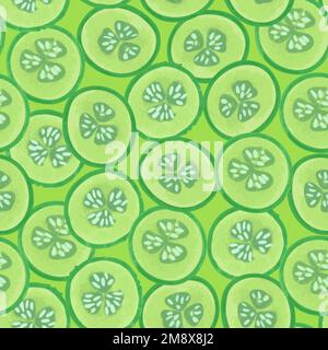 Seamless pattern with cucumber slices. Vector illustration in hand drawn style. Stock Vector