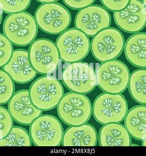 Seamless pattern with cucumber slices. Vector illustration in hand drawn style. Stock Vector
