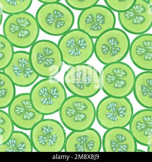 Seamless pattern with cucumber slices. Vector illustration in hand drawn style. Stock Vector