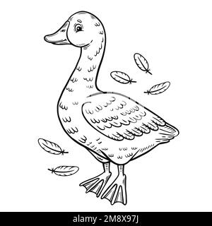 Cute goose, duck farm water bird with feather quills line icon. Swan chick character animal. Children coloring book page. Kids education game. Vector Stock Vector