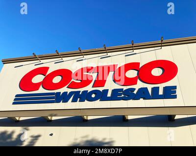 Costco Wholesale sign on membership-only warehouse club store. - California, USA - 2022 Stock Photo