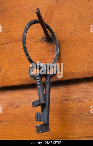 Set of old cast iron keys on ring hanging on exterior wall of squared log storage shed. Stock Photo