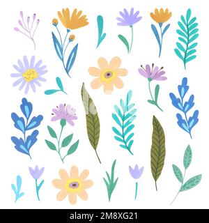 Collection of cute doodle pastel floral elements. Vector illustration Stock Vector