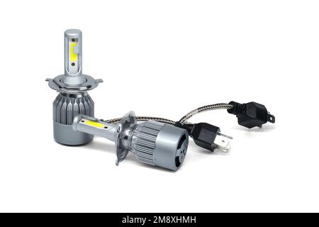 Vehicles H4 LED headlight bulbs isolated on white background, vehicles parts and replacement Stock Photo