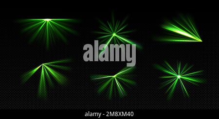 Bright light beams, laser rays, neon glow effect. Abstract flares, color flashes of disco ball, party lights with rays isolated on transparent background, vector realistic set Stock Vector
