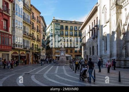 Architectural detail of the Casco Viejo (Old Town), the medieval neighbourhood of the city of Bilbao, Spain, part of the Ibaiondo district. Stock Photo