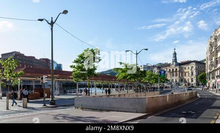 Architectural detail of Calle Esperanza (Hope Street) located in the downtown of the city, capital of the province of Vizcaya Stock Photo