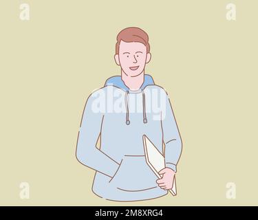 young entrepreneur programmer with casual clothes and laptop with outline or line and clean simple people style vector illustration Stock Photo