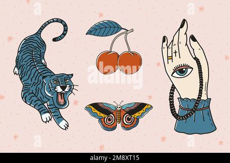 Retro beautiful tattoo design vector set Stock Vector