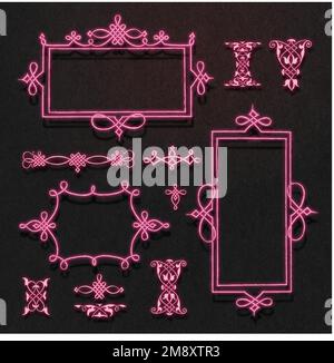 Pink neon filigree frame set vector, remix from The Model Book of Calligraphy Joris Hoefnagel and Georg Bocskay Stock Vector