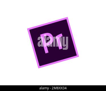 Adobe Premiere Pro, rotated logo, white background Stock Photo