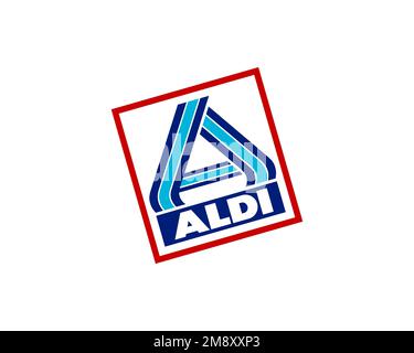 Aldi, rotated logo, white background Stock Photo