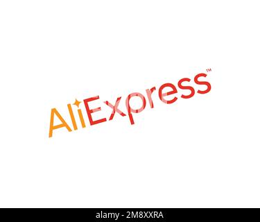 AliExpress, rotated logo, white background Stock Photo