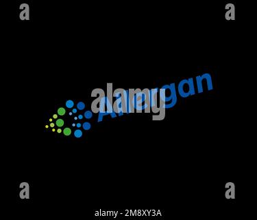 Allergan, rotated logo, black background Stock Photo