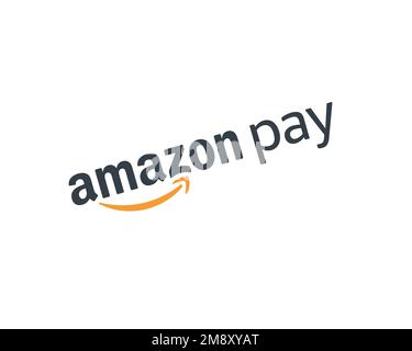 Amazon Pay, Rotated Logo, White Background Stock Photo