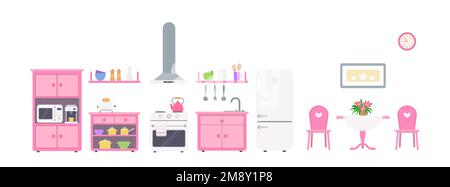 Pink kitchen with utensils, kitchen appliances and dining table on white background Stock Vector