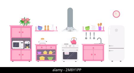Pink kitchen with utensils and kitchen appliances on white background. Doll house interior concept Stock Vector