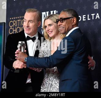 Los Angeles, United States. 15th Jan, 2023. Bob Odenkirk, Rhea Seehorn, and Giancarlo Esposito appear backstage with the award for Best Drama Series for 'Better Call Saul' during the 28th annual Critics' Choice Awards at the Fairmont Century Plaza in Los Angeles on Sunday, January 15, 2023. Photo by Jim Ruymen/UPI Credit: UPI/Alamy Live News Stock Photo