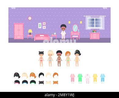 African American chibi girl dressed in pajamas in bedroom. Dress up paper doll Stock Vector