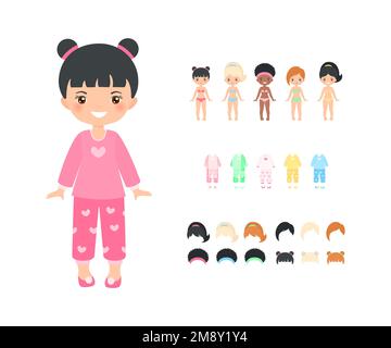 Chinese chibi girl dressed in pajamas. Dress up paper doll Stock Vector