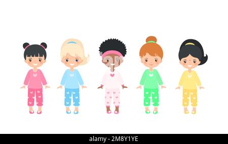 Set of chibi girls characters dressed in pajamas Stock Vector