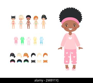 African American chibi girl dressed in pajamas. Dress up paper doll Stock Vector