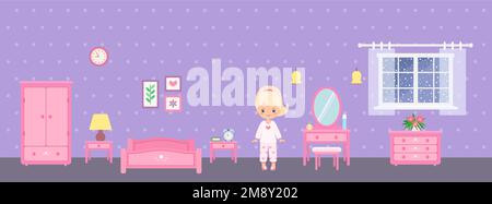 Cute chibi girl character in bedroom with pink furniture on purple background Stock Vector