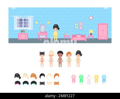 Indian chibi girl dressed in pajamas in bedroom. Dress up paper doll Stock Vector