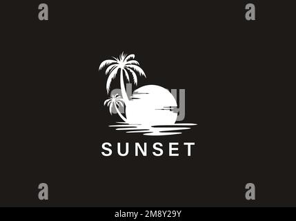 sunset vector logo design template. palm tree sun and water logo design template Stock Vector