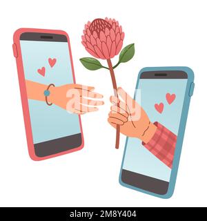 Online dating service vector concept. Mans and womans hands appeared from phones screen, mans hand giving flower Stock Vector