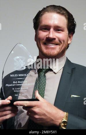 St. Louis, United States. 15th Jan, 2023. St. Louis Cardinals pitcher Miles Mikolas displays his Physical Comeback Award given to him during the St. Louis Baseball Writers Dinner in St. Louis on January 15, 2023. Photo by Bill Greenblatt/UPI Credit: UPI/Alamy Live News Stock Photo