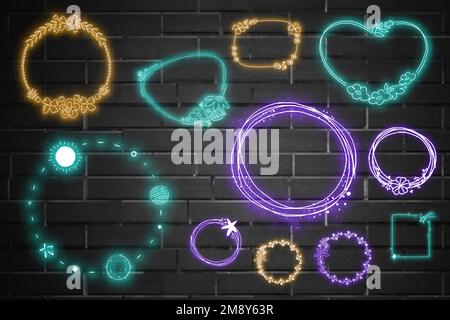 Neon frame vector planet botanical pattern set Stock Vector