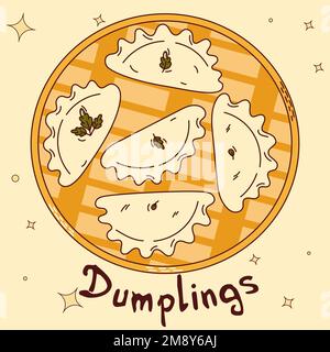 Traditional Japanese food. Asian dumplings in bamboo steamer basket. Vector illistration Stock Vector