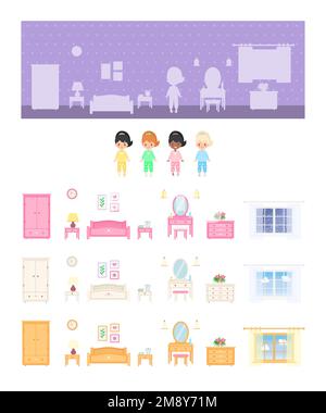 Shadow matching game. Create your interior. Dollhouse interior concept Stock Vector