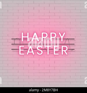Pink Happy Easter neon sign on a white brick wall vector Stock Vector