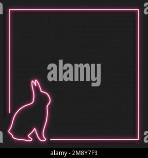 Pink Easter bunny neon frame on black background vector Stock Vector