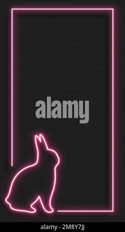 Pink Easter bunny neon frame on black background vector Stock Vector