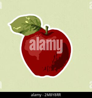 Vectorized red apple sticker with white border on a green background Stock Vector