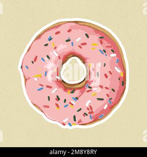 Vectorized pink glazed donut sticker with white border Stock Vector