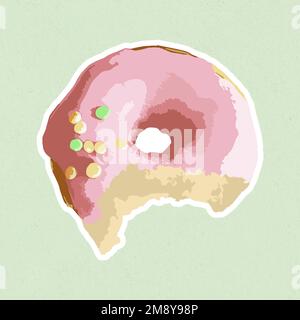 Vectorized bitten pink glazed donut sticker with white border Stock Vector